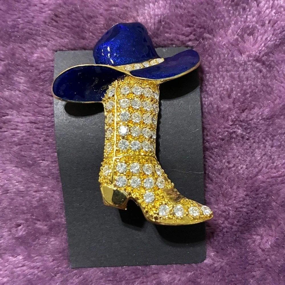 Vintage Style Gold Tone Rhinestone Cowboy Boot and Blue Hat Brooch Pin Western